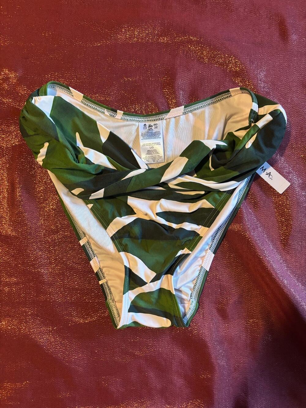 Bikini Bottoms Womens L High Waist Ruched Twist Front Swim Green White Leaf